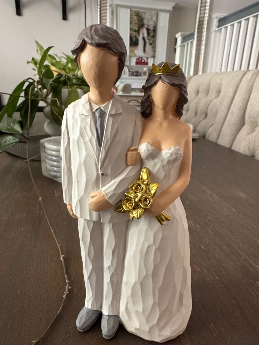Wedding Couple Figurine - White and Gold Wedding Cake Topper